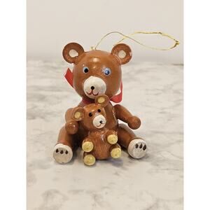 Vintage Russ Wooden Christmas Ornament Brown Teddy Bear Holding Baby Cub